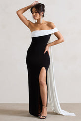 Black & White Bardot Split Maxi Dress With Drape